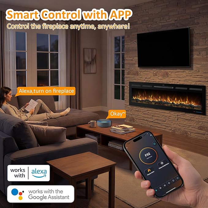 60 Inch WiFi-Enabled Recessed Electric Fireplace Inserts