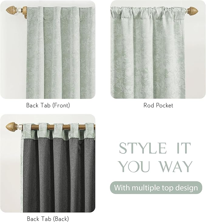 Beauoop Green Floral Jacquard Blackout Curtains 108 Inches Long 2 Panels