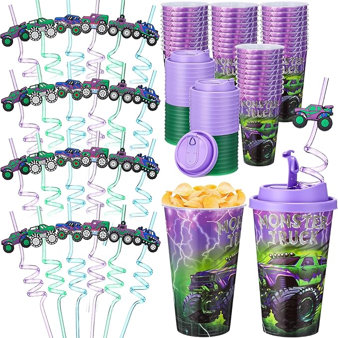 Yungyan 24 Sets Green Purple Monster Truck Party Favors Goodie Cups with Lids and Straws for Halloween Party Decorations Reusable 16oz Plastic Candy Cups Plastic Straws for Birthday Gift(Truck)