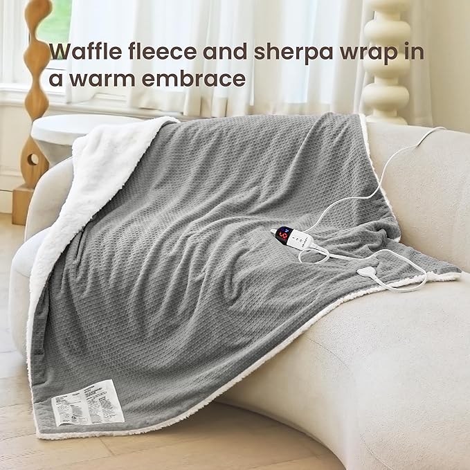 Heated Blanket Electric Throw Waffle, 50x60 Inches Sherpa Fleece Fast Heating