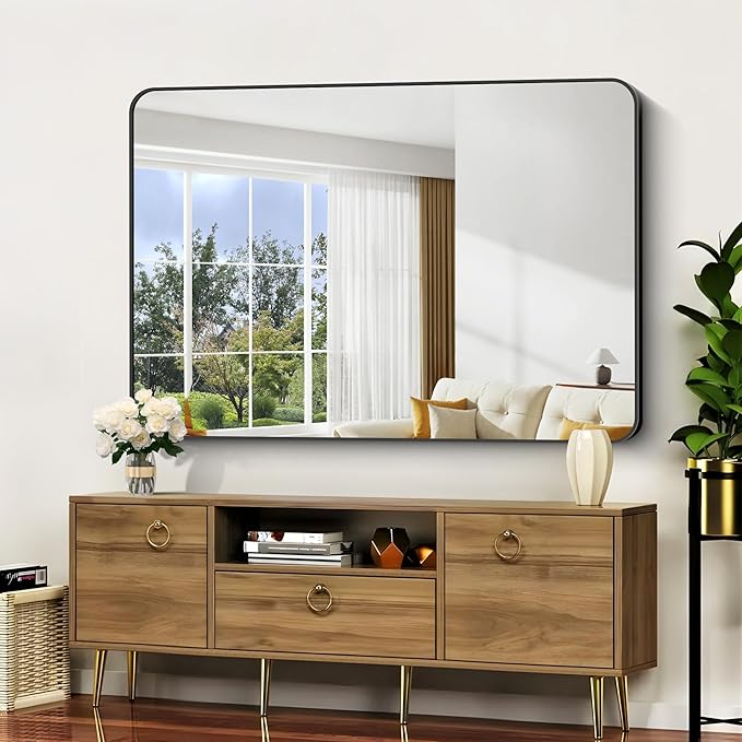 Bathroom Mirror, 48x36 inch Black Rectangle Wall Mirror, Metal Frame Rounded