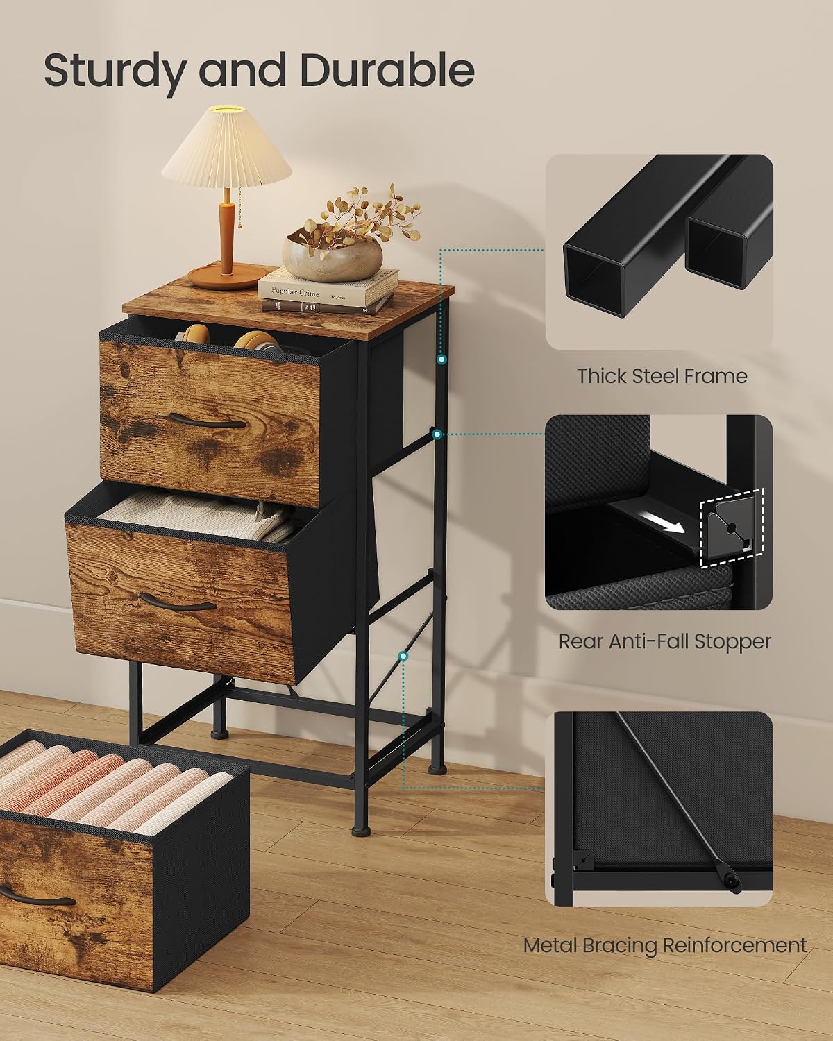 SONGMICS Dresser for Bedroom, Small Dresser with 3 Fabric Drawers
