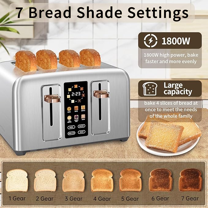 SEEDEEM Toaster 4 Slice, Stainless Toaster & Touch Control, LCD Display