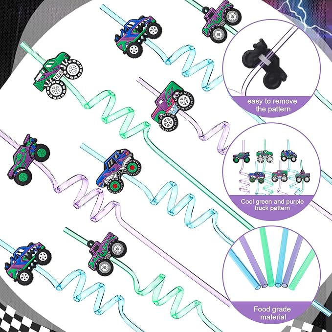 Yungyan 36 Sets Green Purple Monster Truck Party Favors Goodie Cups with Lids and Straws for Halloween Party Decorations Reusable 16oz Plastic Candy Cups Plastic Straws for Birthday Gift(Truck)