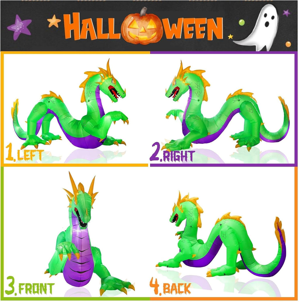 11FT Length Giant Green Halloween Inflatable Dragon, Blow Up Dragon Outdoor Halloween Inflatables Decorations Built-in 5 Bright Led Lights