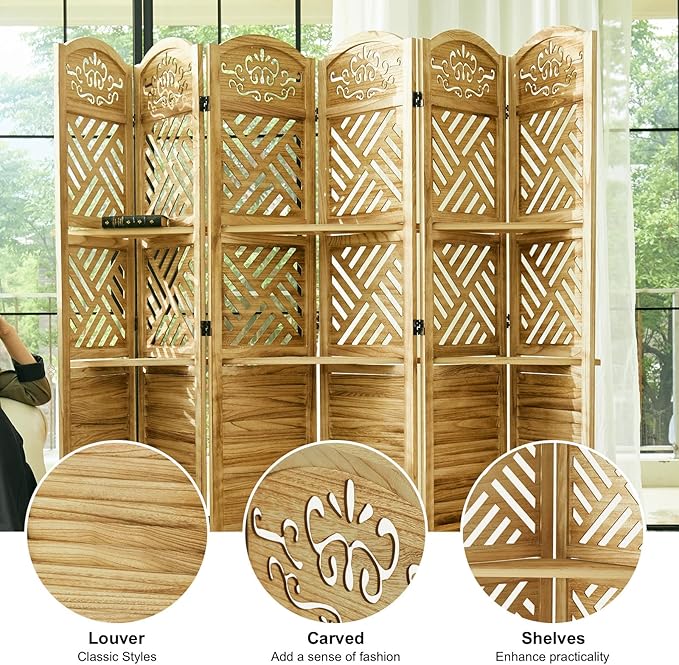 Svimi Room Divider with Shelves, 68.9inch Wood Carved and Louvered Wall Divider