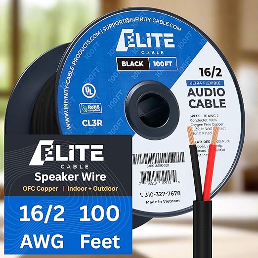 Elite 16/2 Speaker Wire 100ft, UL Listed,