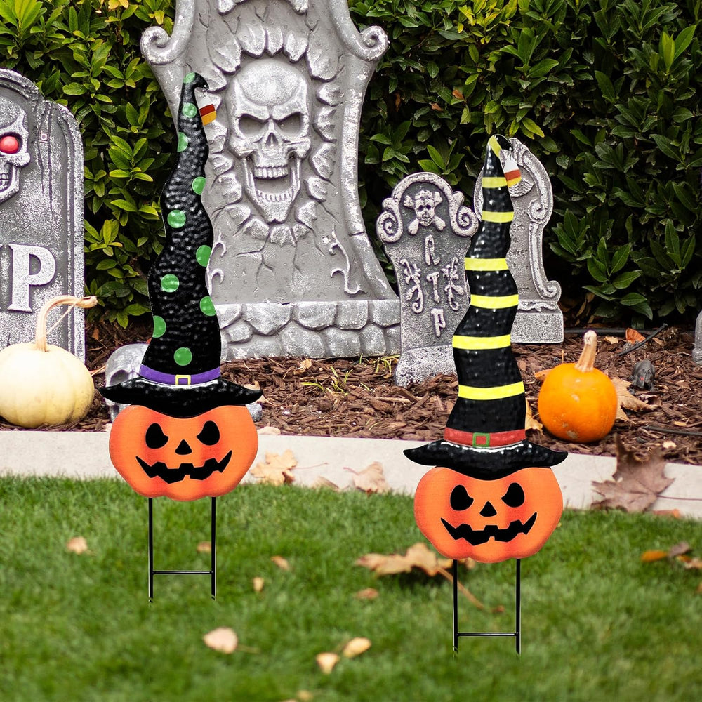 2 Pack Halloween/Thanksgiving Garden Decorations, Metal Jack-O-Lantern Yard S...