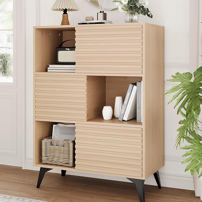 IDEALHOUSE Fluted Cabinet with Sliding Doors, Modern Wooden Storage Cabinet