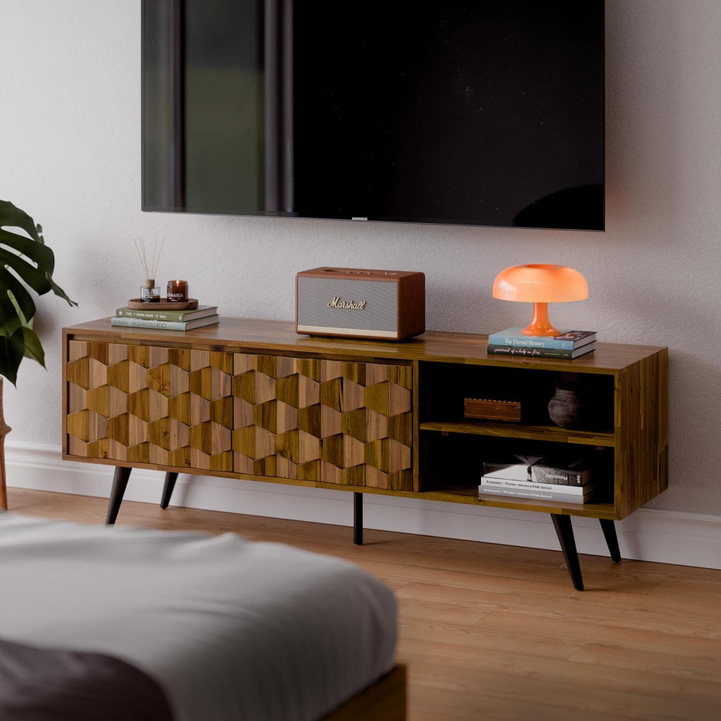 Bme Georgina Solid Wood, 10 Minutes Assembly Entertainment Center with Storage Geometric Pattern Console for Living, Bedroom, Dining Room, TV Stand 65 Inch, Teak Brown