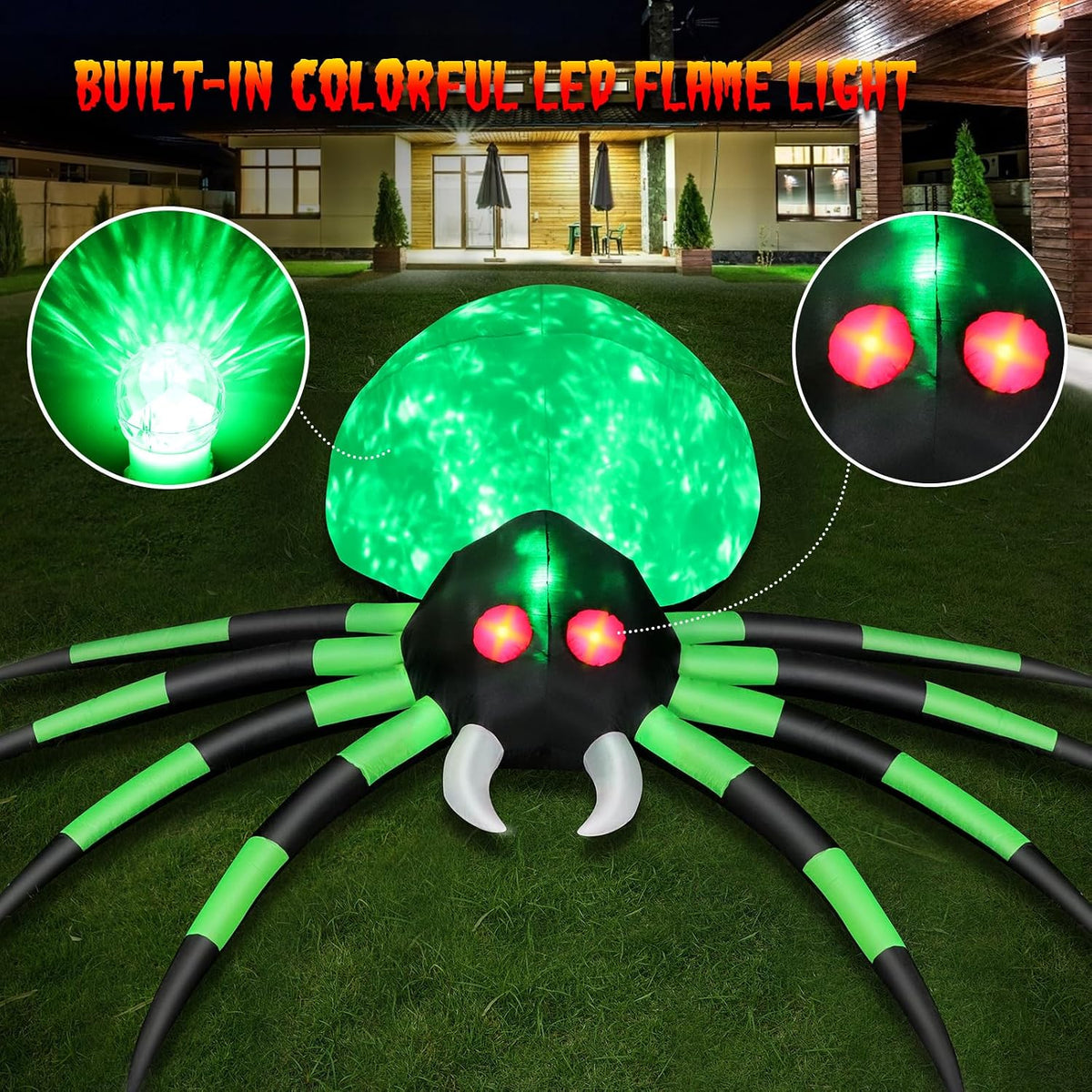 12 FT Halloween Inflatables Spider Outdoor Decorations, Giant Blow Up Spider with Flame Lights & Red Glowing Eyes, Large Crawling Green Spider Props for Halloween Party Yard Garden Lawn Roof Decor