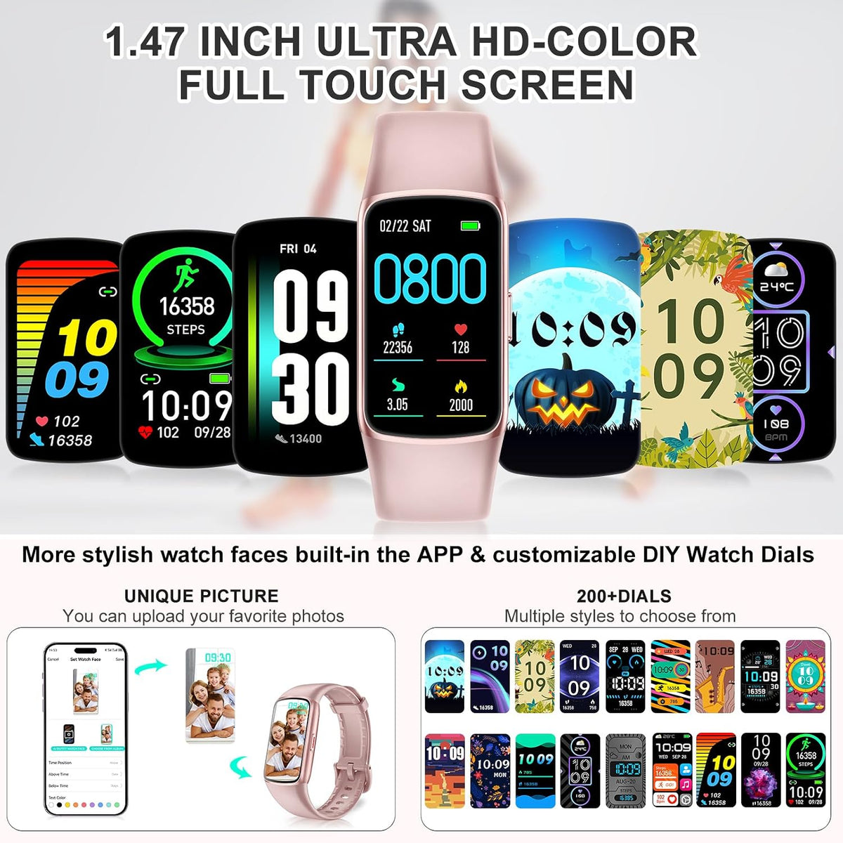 fitness tracker with 24/7 heart rate blood oxygen showing dimensions