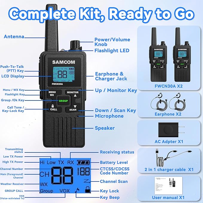 SAMCOM Walkie Talkies for Adults Long Range Rechargeable 2 Pack FWCN30A 2 Way