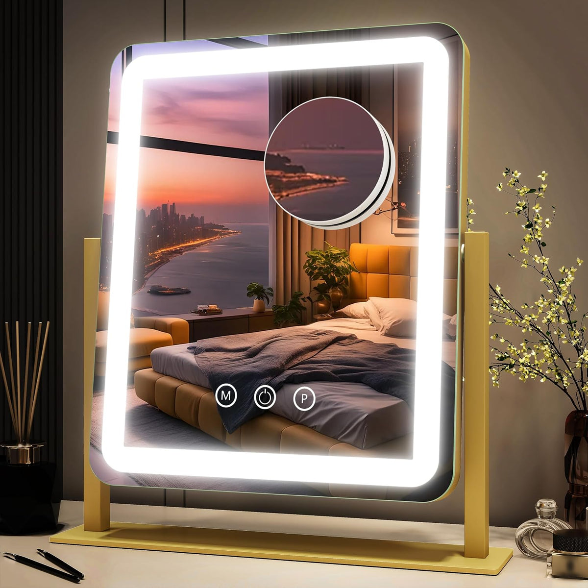 FENNIO Vanity Mirror with Lights - 15"x12.6" LED Lighted Makeup Mirror, Large Makeup Mirror with Lights, Touch Screen with 3-Color Lighting, Dimmable, for Vanity Desk Tabletop, Bedroom Gold