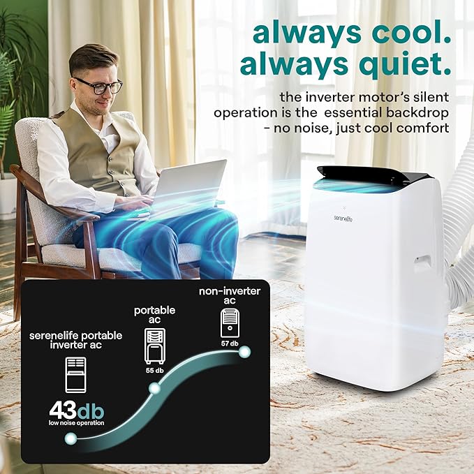 SereneLife 14000 BTU Ultra Quiet Portable Inverter Air Conditioner, Smart