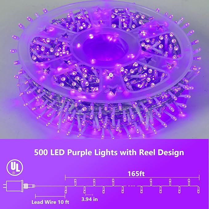 YEGUO 165ft 500 LED Halloween Lights Outdoor Waterproof, Purple String Lights Indoor Plug in, 8 Modes Clear Wire Purple Lights for Halloween Holiday Home Tree Garden Patio Decor