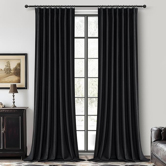 Black Curtains for Bedroom 90 Inch Long 2 Panels Set