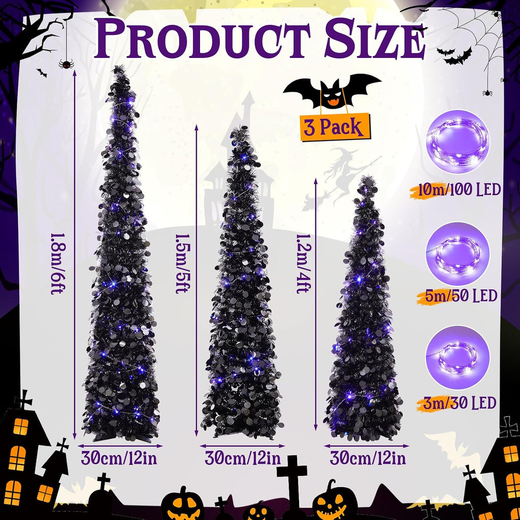 Shappy 3 Pcs 4/5/6 Ft Black Tinsel Halloween Tree with Purple Lights
