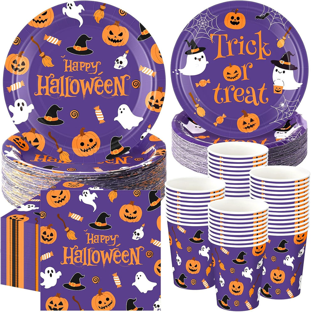 250 Pcs Halloween Party Supplies, Paper Plates Napkins and Cups, Purple