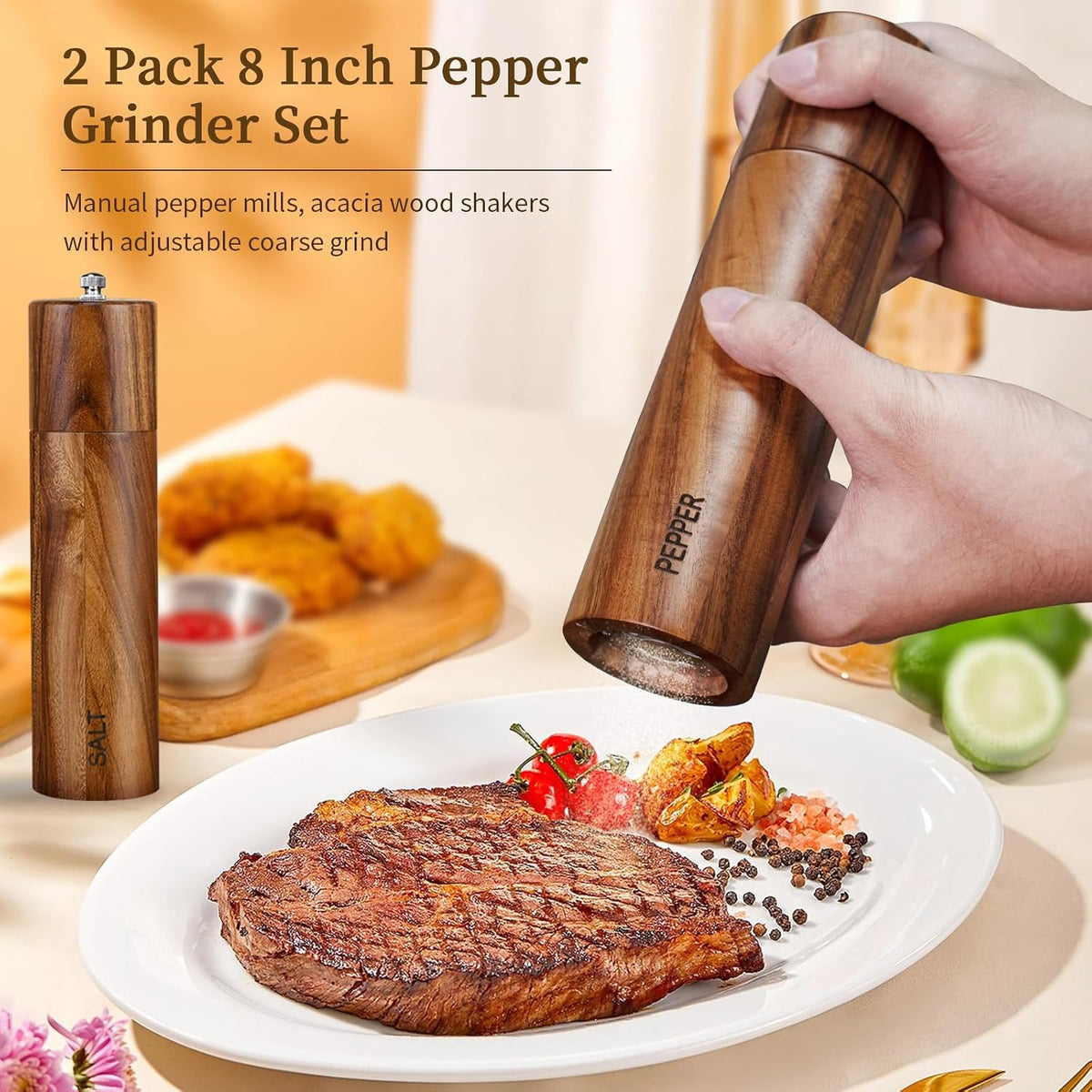 XWXO 2 Pack Acacia Wooden Salt and Pepper Grinder Set 8 Inches Refillable