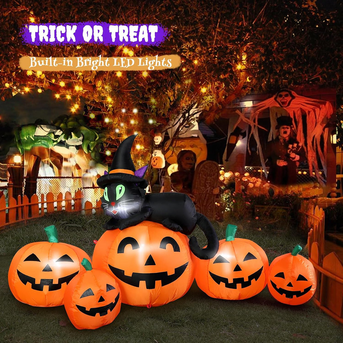 5FT Halloween Inflatable Pumpkin Outdoor Decoration, Lighted Blow Up Yard Decor, 5PCS Pumpkins with Witch’s Black Cat Built-in LED Lights for Balcony Home Holiday Party Lawn Patio Outside Events Prop