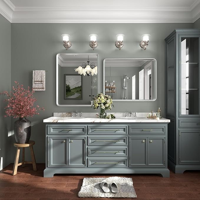 28x36 Brushed Silver Mirror for Bathroom, Nickel Silver Metal Framed Vanity