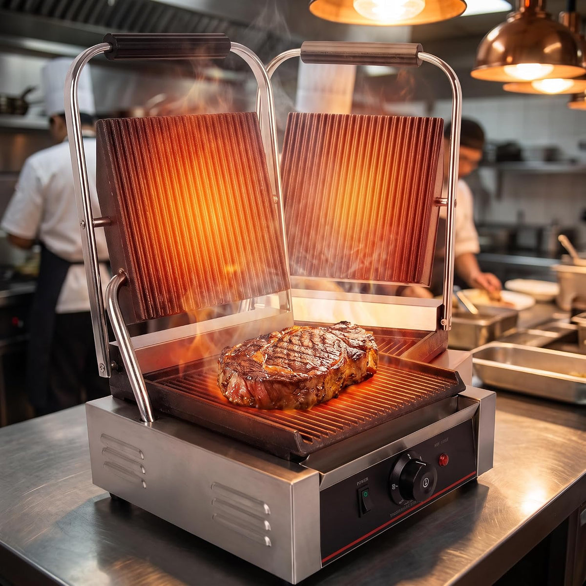 commercial panini press with grooved grill sandwich maker, view 10