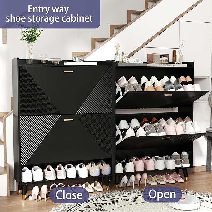 Shoe Cabinet Storage for Entryway: 32" Black Shoe Organizer Cabinet