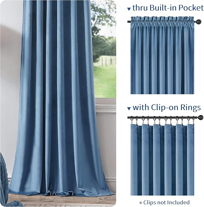 FMFUNCTEX Velvet Blackout Curtains Blue Thermal Insulated Curtains