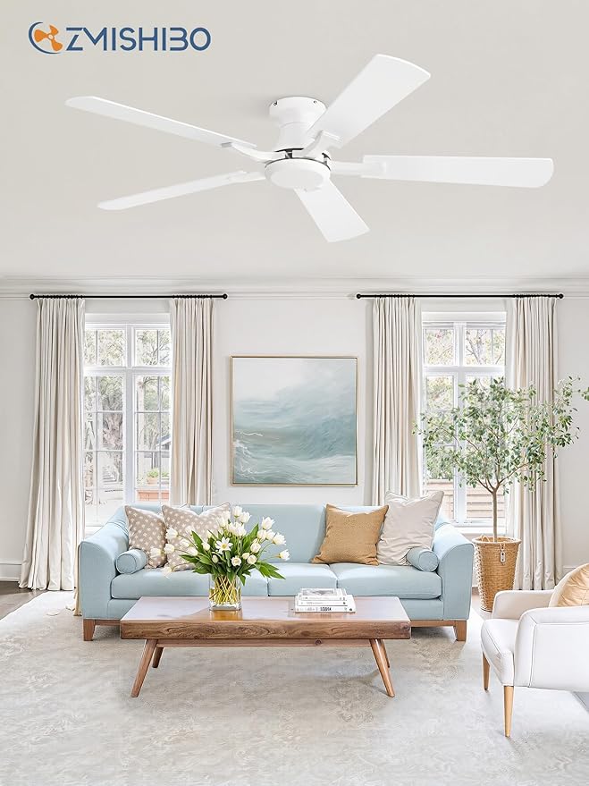 ZMISHIBO 52 Inch Ceiling Fan No Light, Flush Mount Low Profile, Modern White