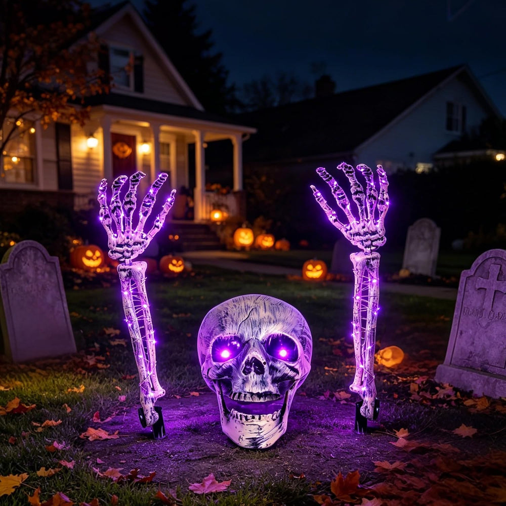 Halloween Skeleton Decorations Outdoor, Light Up Skull Head & Skeleton Ha...