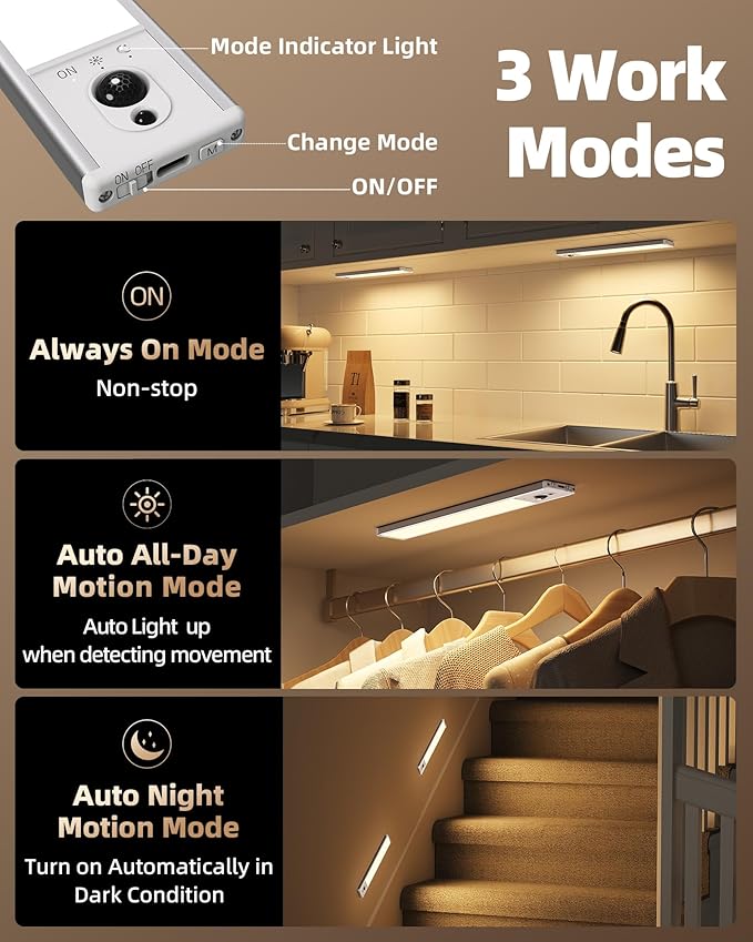 EZVALO 5-Pack Under Cabinet Lighting, 2400mAh Motion Sensor Light, LED Closet