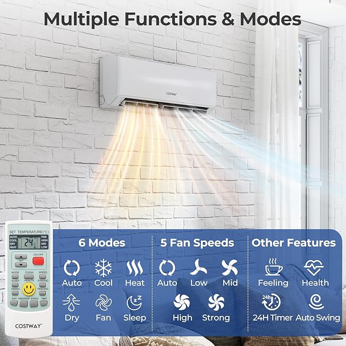 COSTWAY 18k Dual 2 Zone Mini Split Air Conditioner, 22 SEER2 7000 BTU+ 7000 BTU