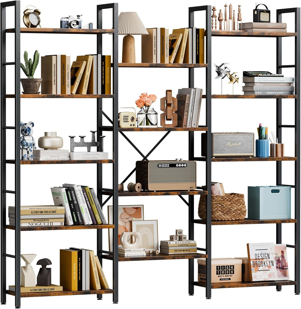 Shintenchi Triple 5 Tier Bookshelf, Large Wide Bookcase, Display Shelf