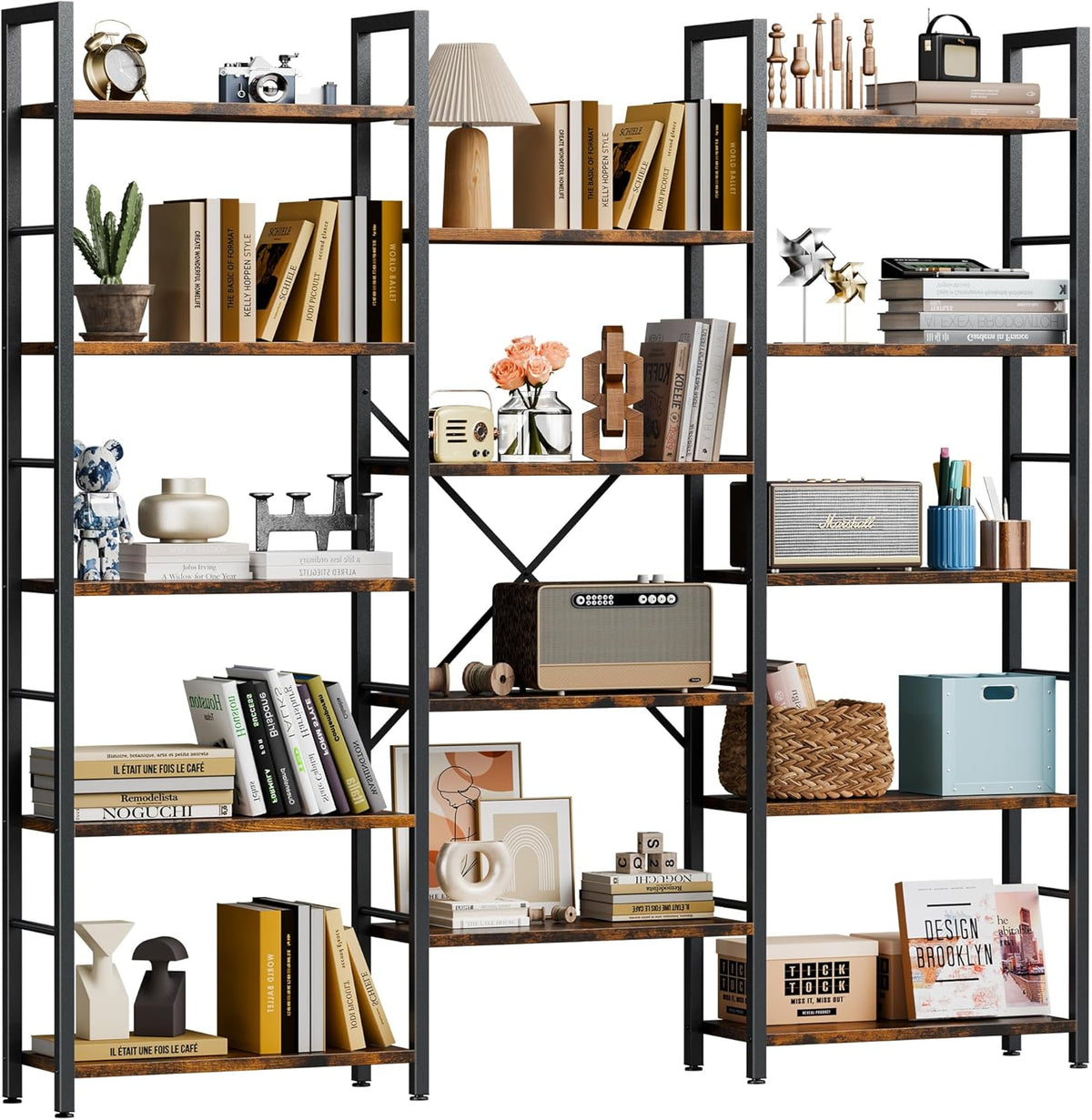 Shintenchi Triple 5 Tier Bookshelf, Large Wide Bookcase, Display Shelf