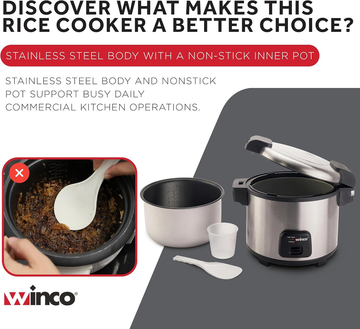 winco commercial-grade electric rice cooker, front angle view