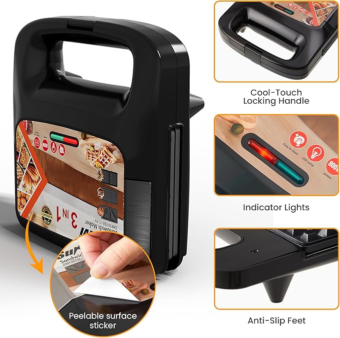 Sunvivi 3 in 1 Electric Sandwich Maker: Panini Press Grill and Waffle Iron Set
