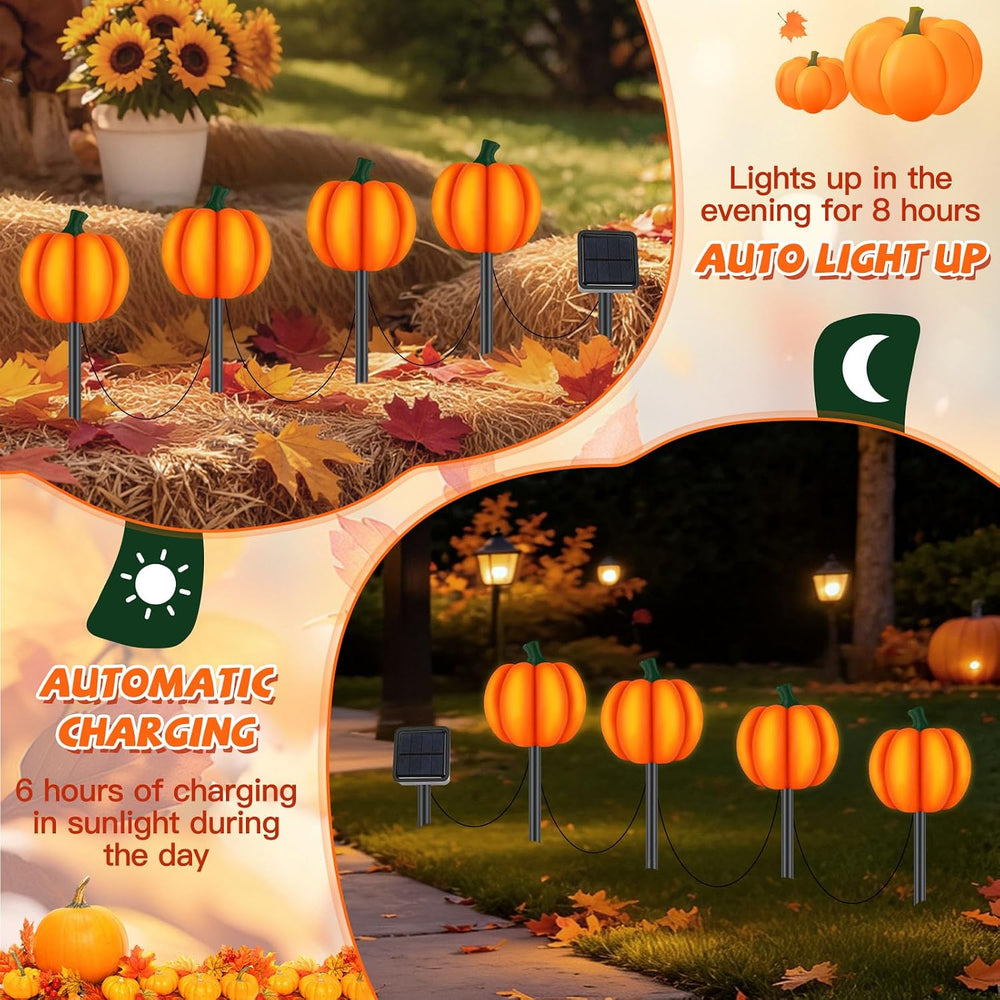4-in-1 Pumpkin Solar Lights Outdoor Halloween Decorations Fall Stake Lights