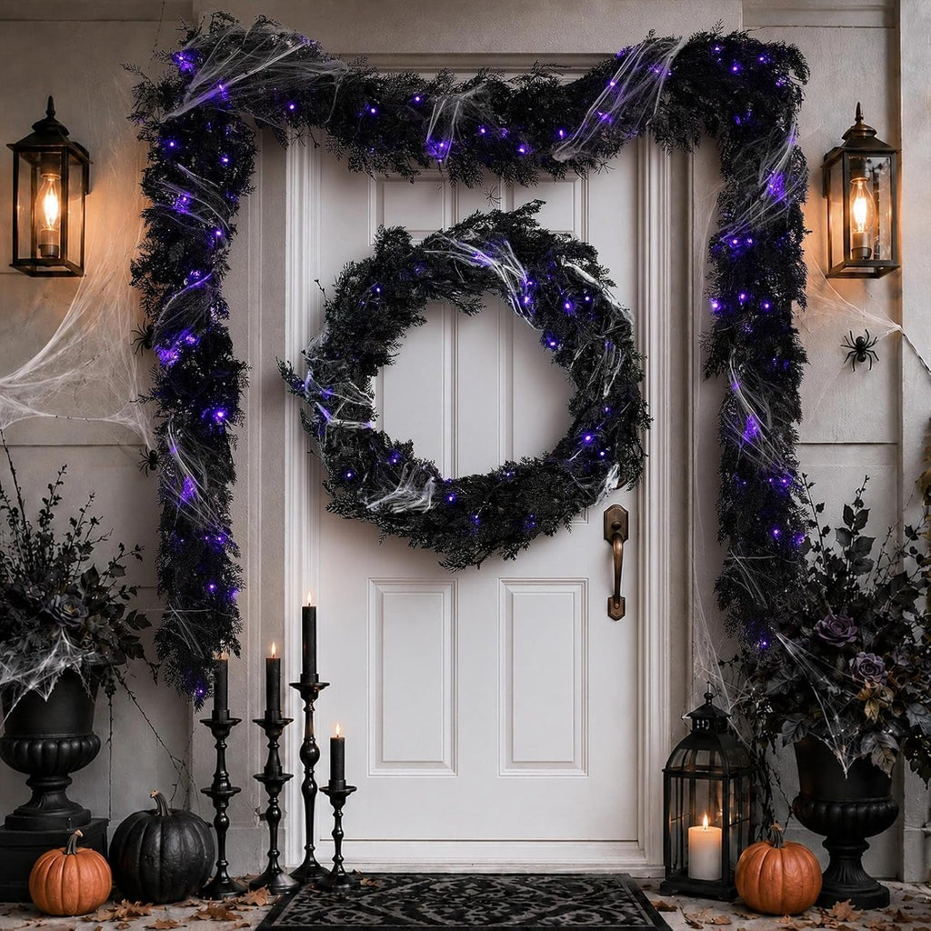 Pre-lit Halloween Garland Decorations Black Real Touch Cedar Cypress with Berry & Spider & Spiderweb Halloween Garland for Mantle, Fireplace, Table, Stairs, Door, Indoor Outdoor Decor, 9FT