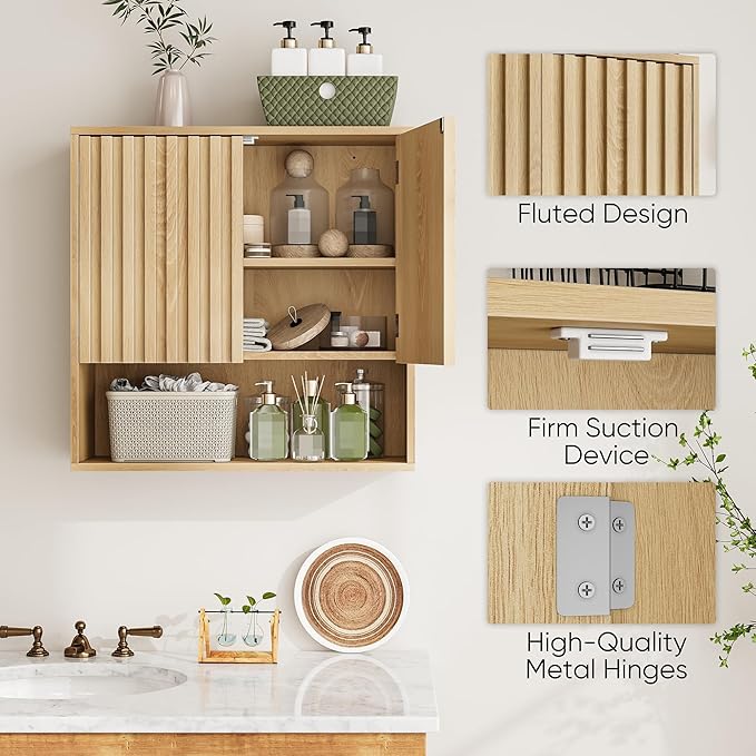 Smuxee Fluted Bathroom Cabinet Wall Mounted, Wooden Medicine Cabinet