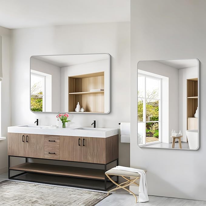 48x36 Inch Silver Bathroom Mirror, Large Rectangular Vanity Mirror, Metal