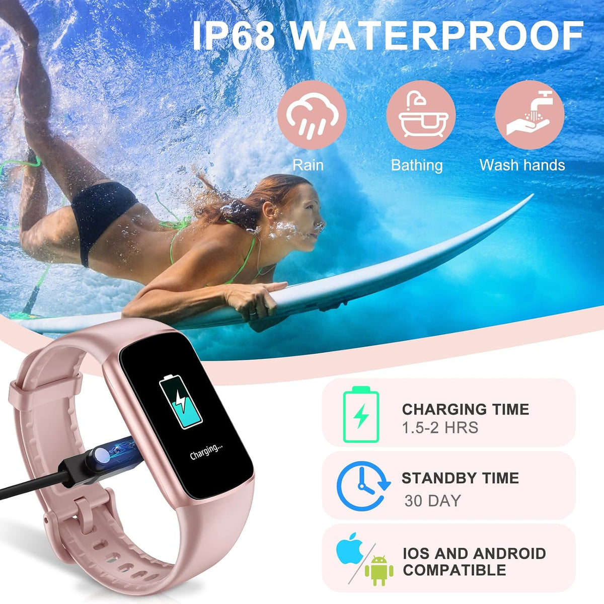 fitness tracker with 24/7 heart rate blood oxygen, front angle view