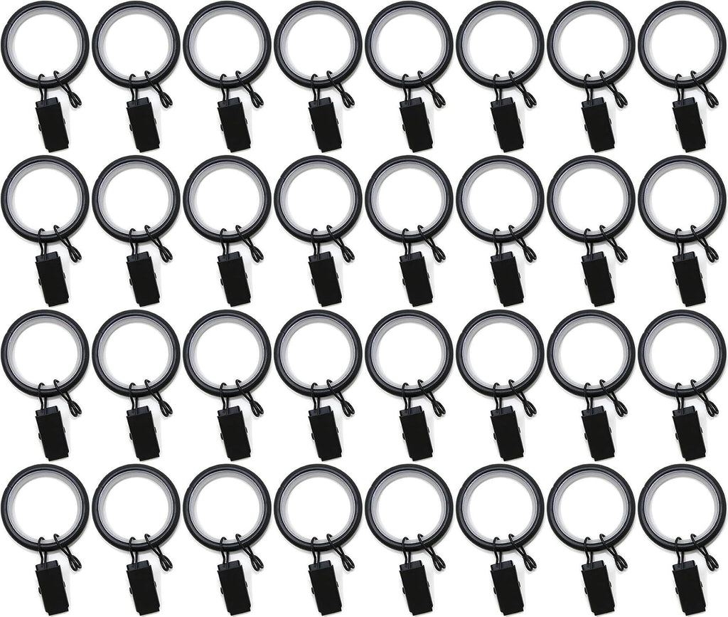Urbanest 1.25" Quiet Smooth Drapery Curtain Rod Rings for 1" Rod with Clips, Eyelets and Nylon Inserts, 32 Pieces, Matte Black
