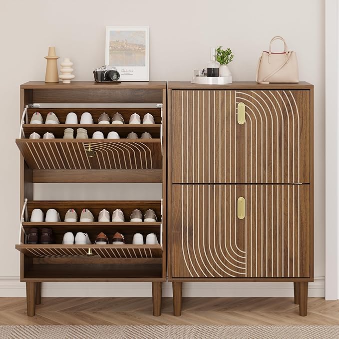 Smuxee Shoe Cabinet with 2 Flip Drawers, 23.6" Walnut Hidden Shoe Storage