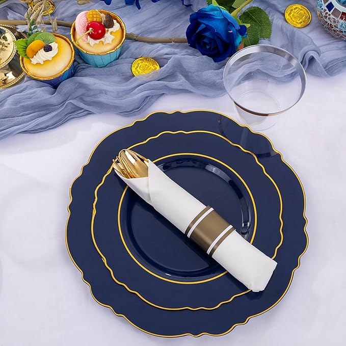 Liacere 350PCS Navy Blue Plastic Plates-Disposable Blue Gold Plates 50guest Plastic Dinnerware include 100Plates,50Pack Pre Rolled Napkins with Silverware 50Cups for Wedding＆Halloween