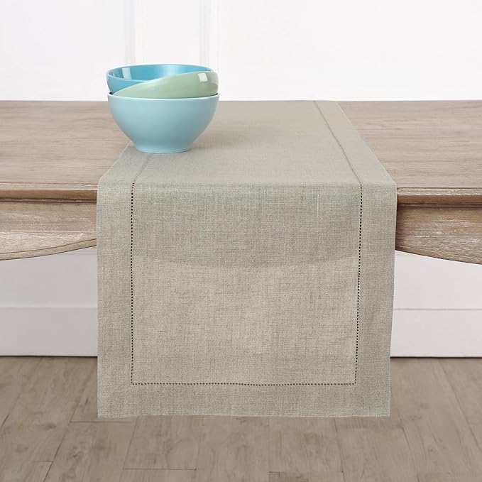 Solino Home Linen Natural Table Runner 48 Inches - Classic Hemstitch, 100% Pure Linen Coffee Table Runner 14 x 48 Inch Ideal for Dresser Tables - Fall, Halloween, Thanksgiving, Christmas, Holiday