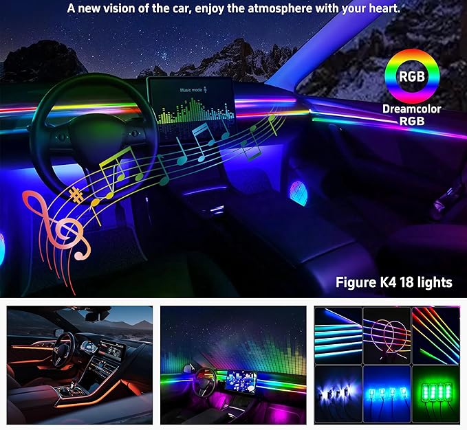 Acrylic Interior Car LED Strip Lights, Colorful 22-in-1 Car Ambient Lighting Kit