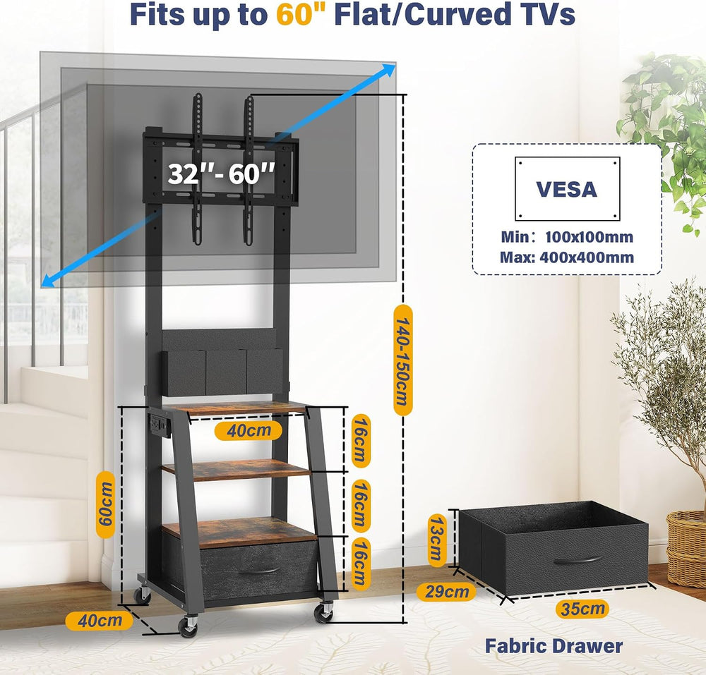 Rolling TV Stand with Power Outlet & 4-Tier Storage for 23-60 Inch Flat/C...