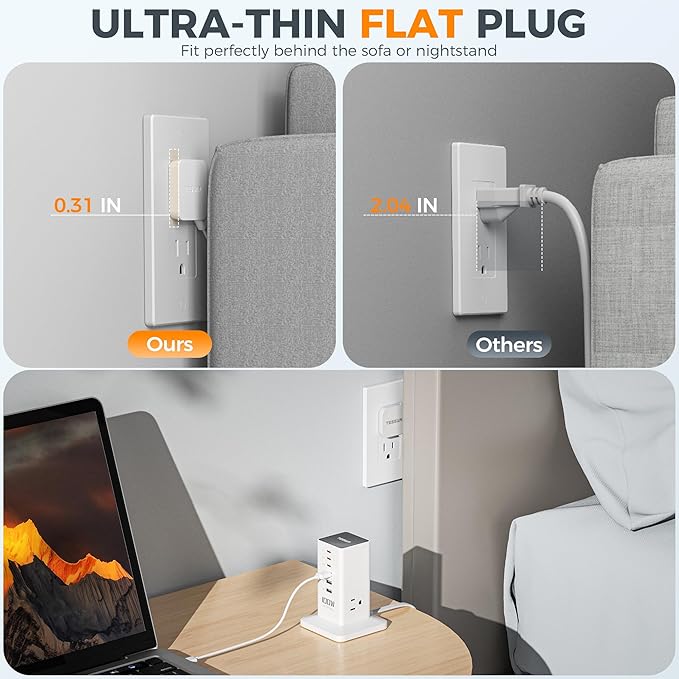 Charging Station PD 100W, TESSAN 9-in-1 USB C Power Strip
