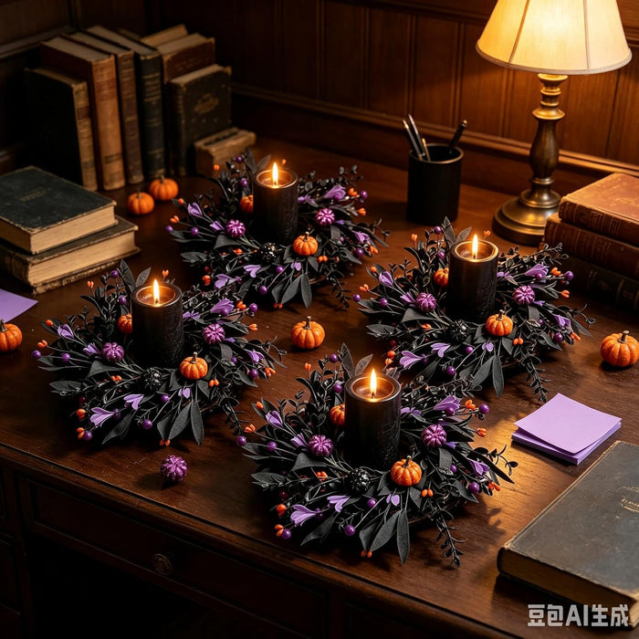 6 Pcs Halloween Mini Candle Ring Wreaths for Cabinets Small Pillar Candle Holder Wreath with Black Leaves Purple Flowers Orange Purple Berries Mini Pumpkins Glitter Artificial Spooky Gothic Wreaths
